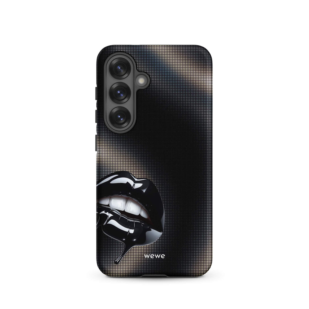 Custom samsung galaxy s25 Phone case with a black background and a glossy, textured pink lips graphic with the words 'Live on'.