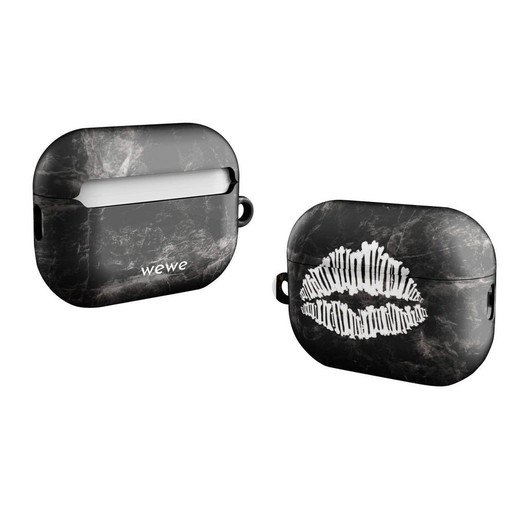 Custom AirPods case pro gen2 with a black marble background and a white skeletal lips graphic.