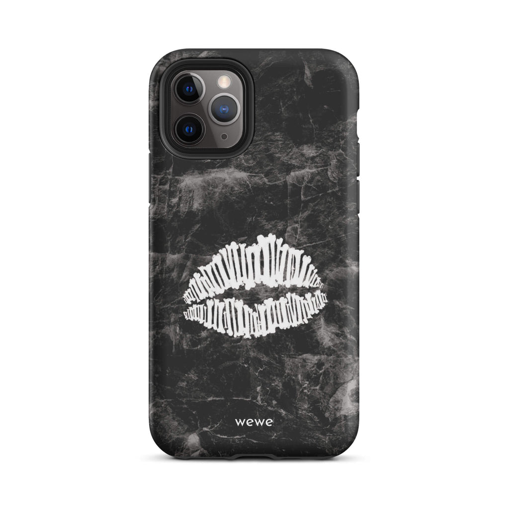 Custom iPhone case 11 pro with a black marble background and a white skeletal lips graphic.