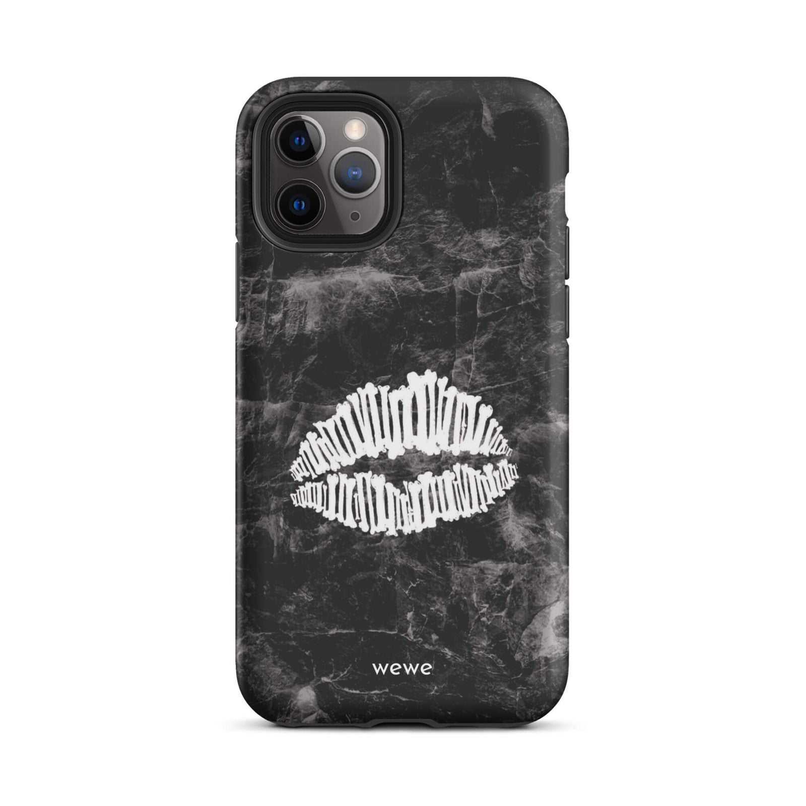 Custom iPhone case 11 pro with a black marble background and a white skeletal lips graphic.
