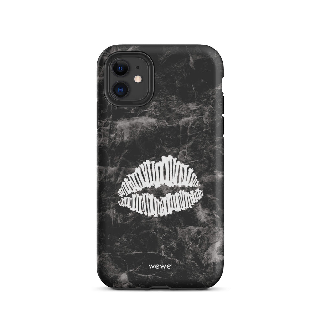 Custom iPhone case 11 with a black marble background and a white skeletal lips graphic.