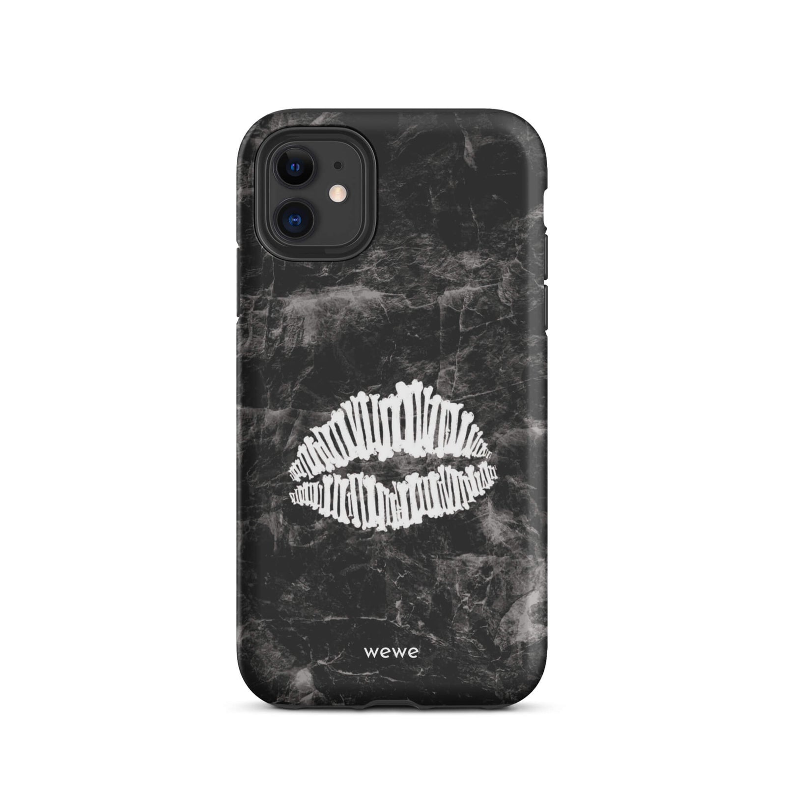 Custom iPhone case 11 with a black marble background and a white skeletal lips graphic.