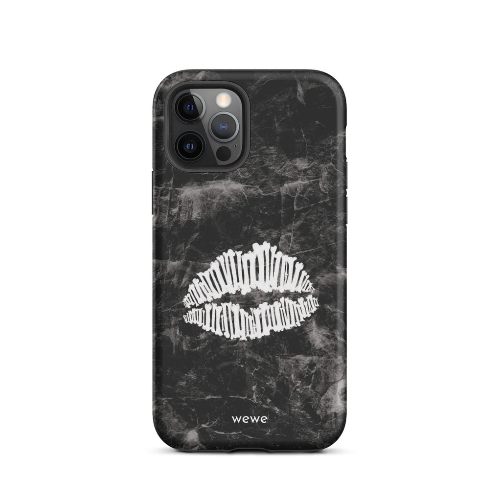 Custom iPhone case 12 pro with a black marble background and a white skeletal lips graphic.