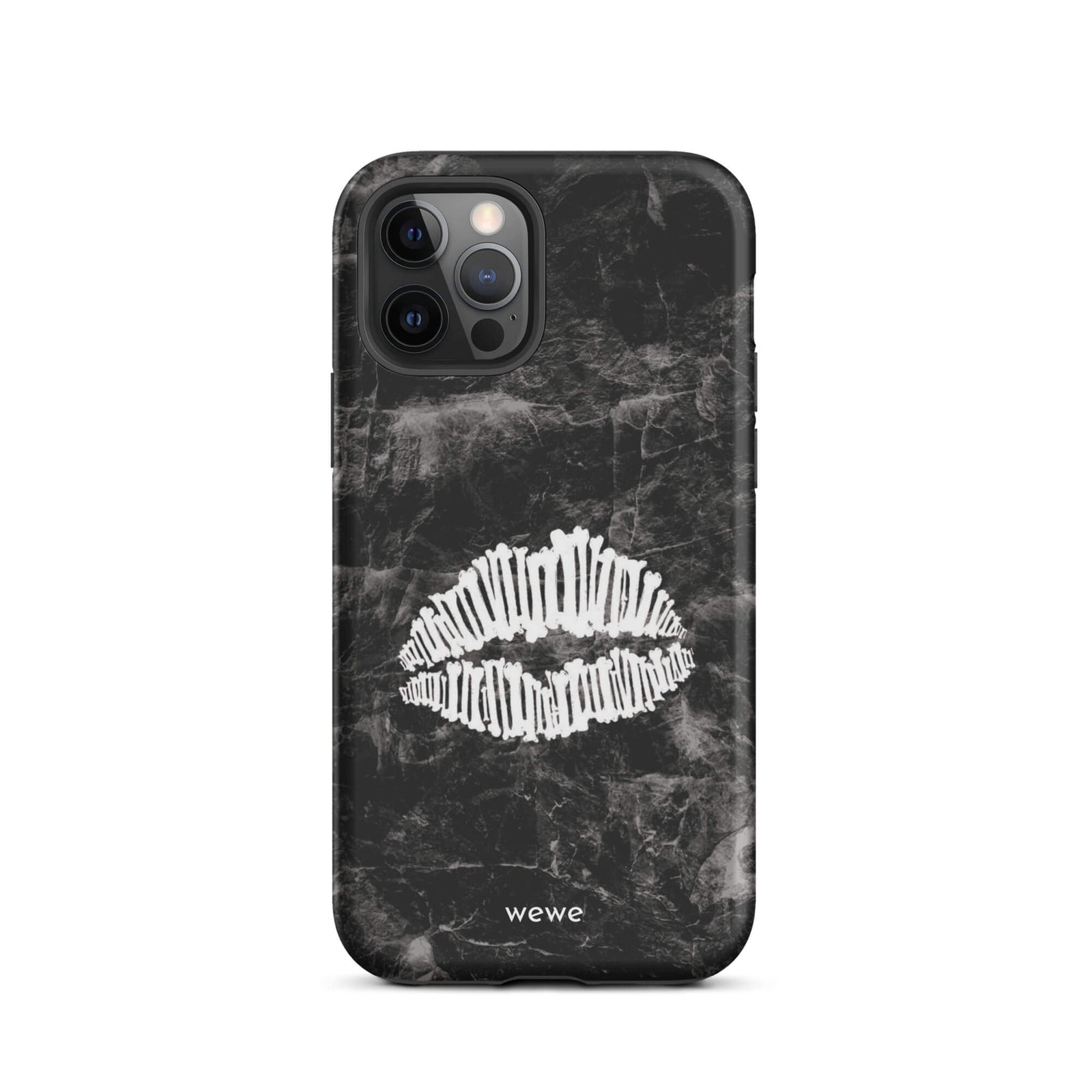 Custom iPhone case 12 pro with a black marble background and a white skeletal lips graphic.