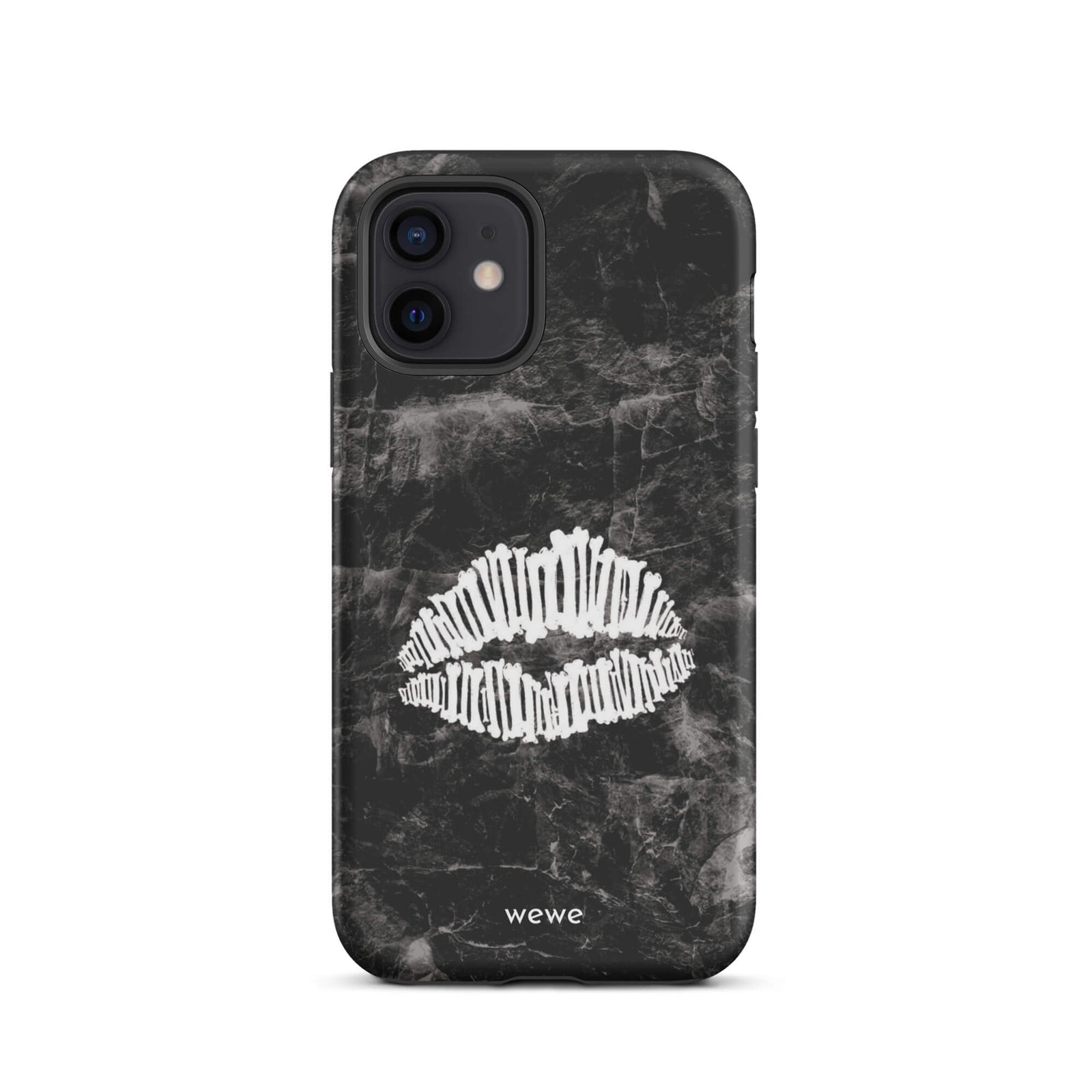 Custom iPhone case 12 with a black marble background and a white skeletal lips graphic.