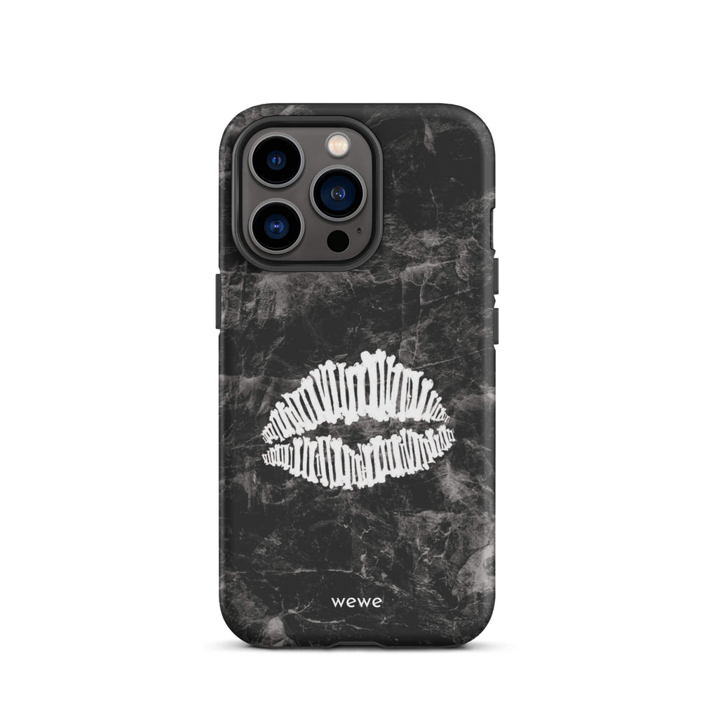 Custom iPhone case 13 pro with a black marble background and a white skeletal lips graphic.