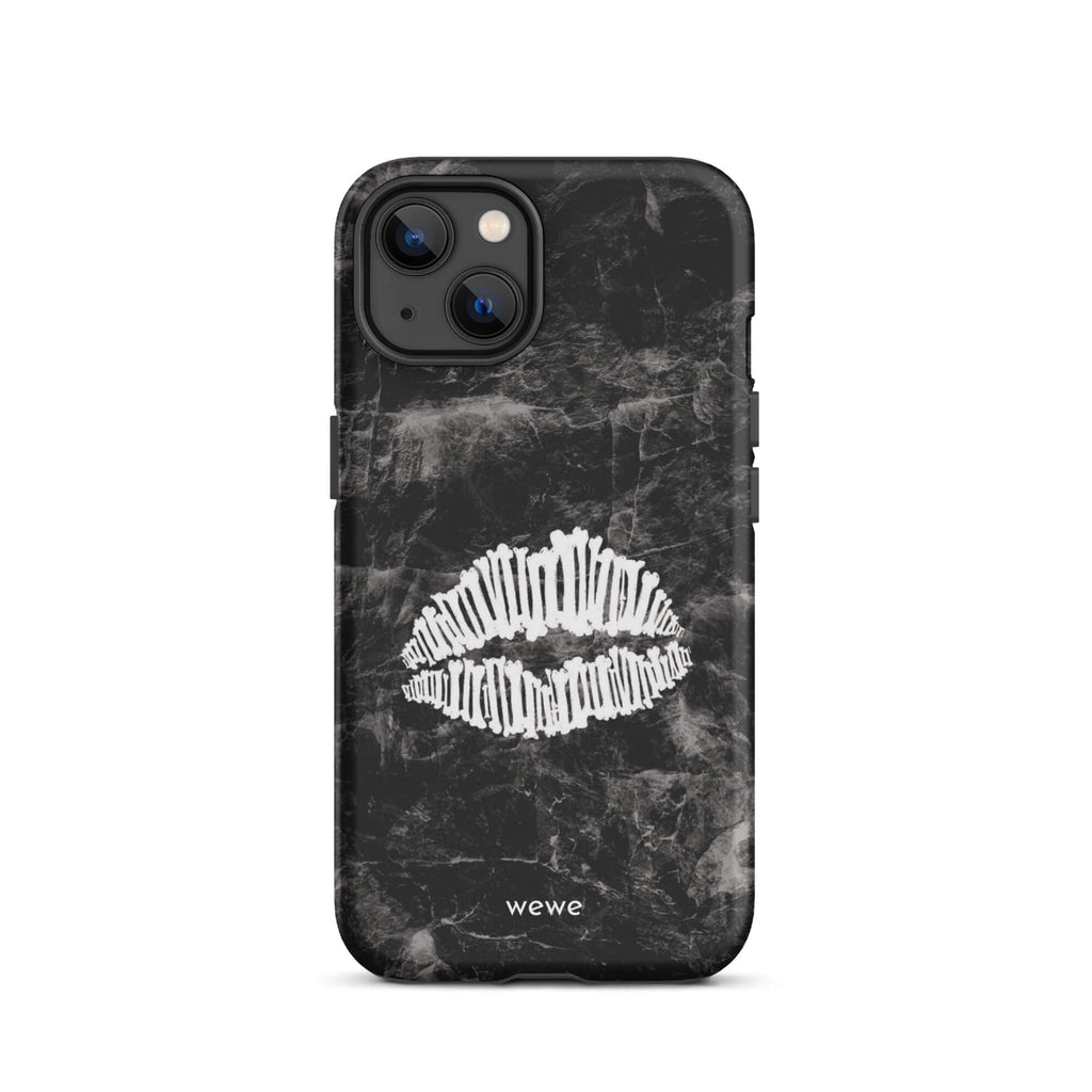Custom iPhone case 13 with a black marble background and a white skeletal lips graphic.