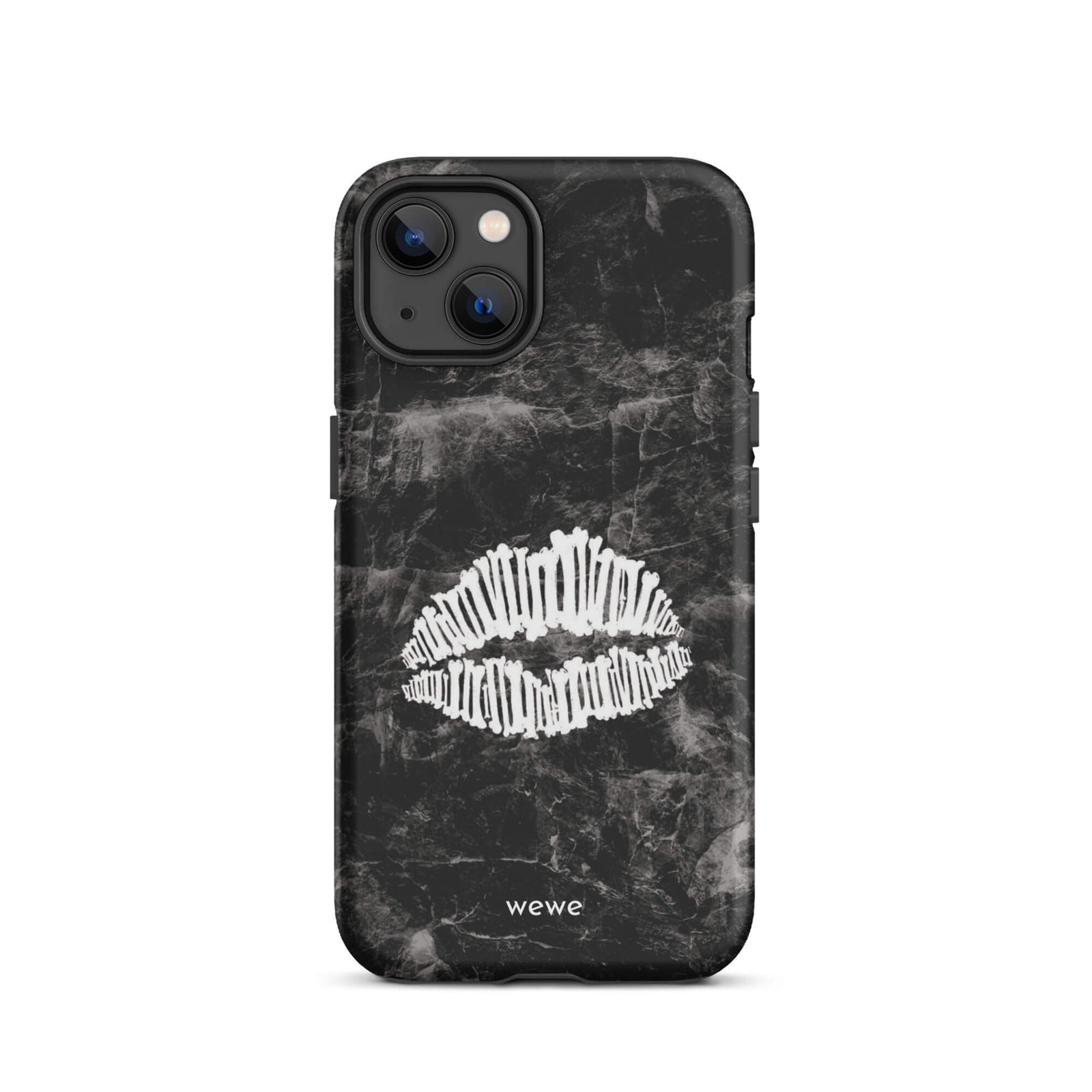 Custom iPhone case 13 with a black marble background and a white skeletal lips graphic.
