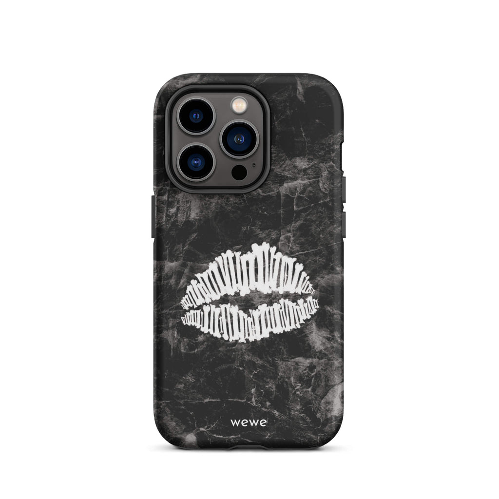 Custom iPhone case 14 pro with a black marble background and a white skeletal lips graphic.