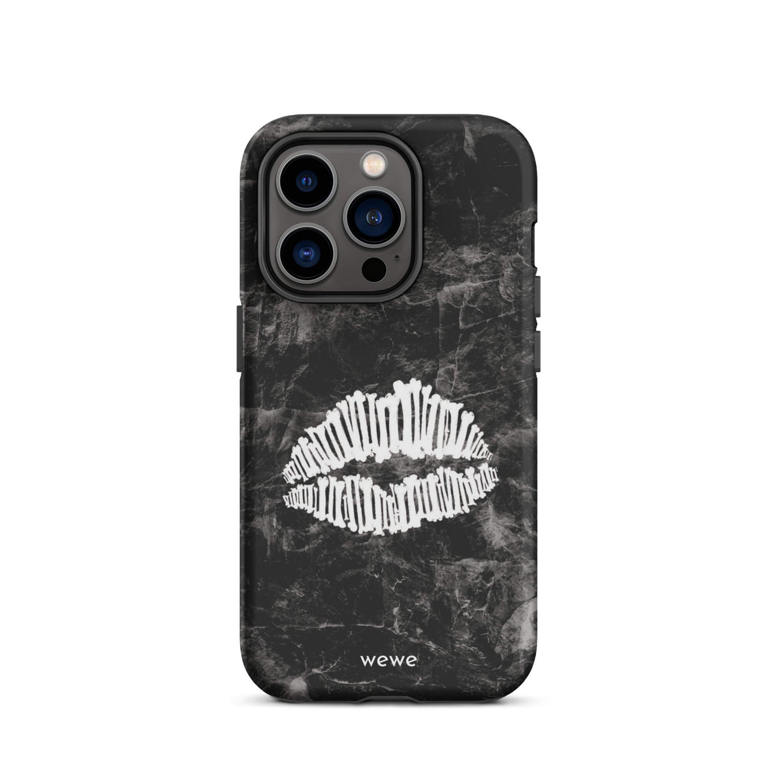 Custom iPhone case 14 pro with a black marble background and a white skeletal lips graphic.