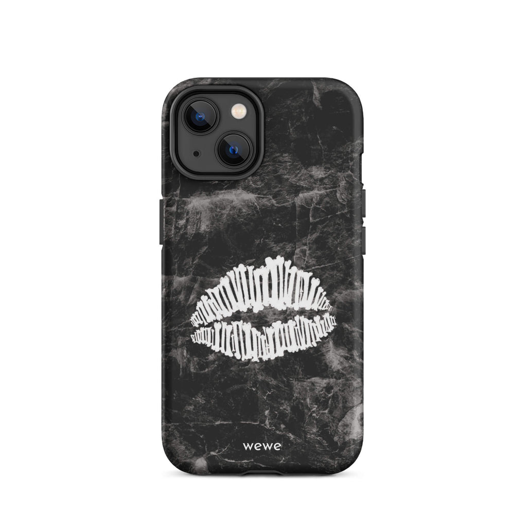 Custom iPhone case 14 with a black marble background and a white skeletal lips graphic.