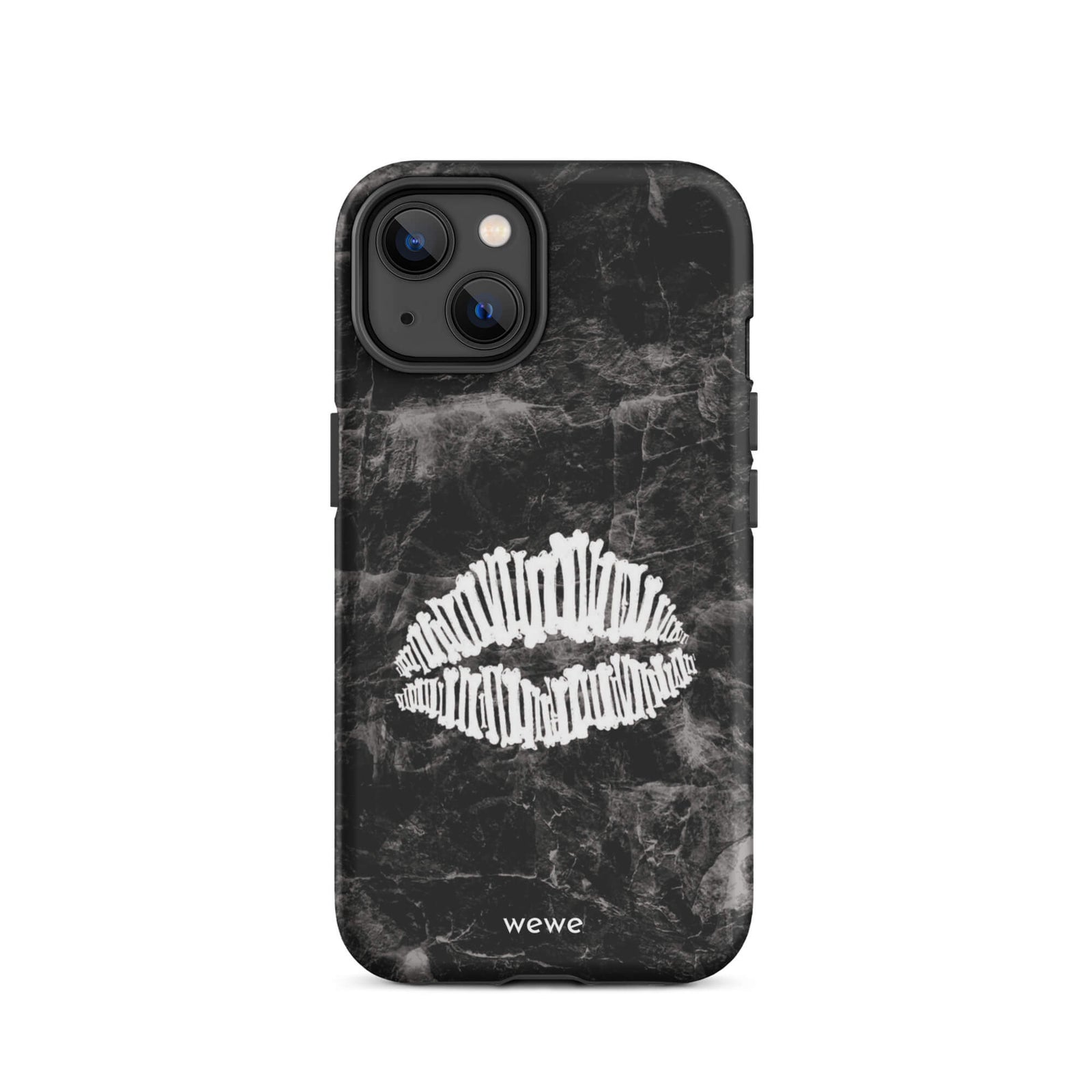 Custom iPhone case 14 with a black marble background and a white skeletal lips graphic.