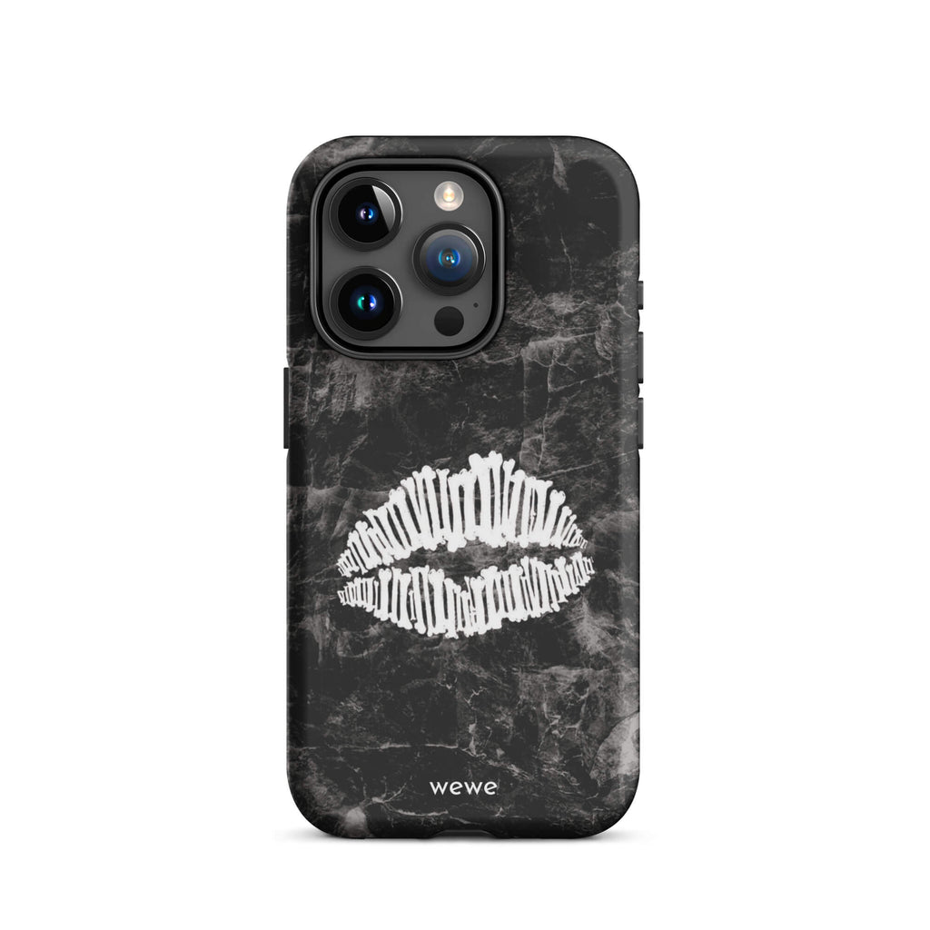 Custom iPhone case 15 pro with a black marble background and a white skeletal lips graphic.