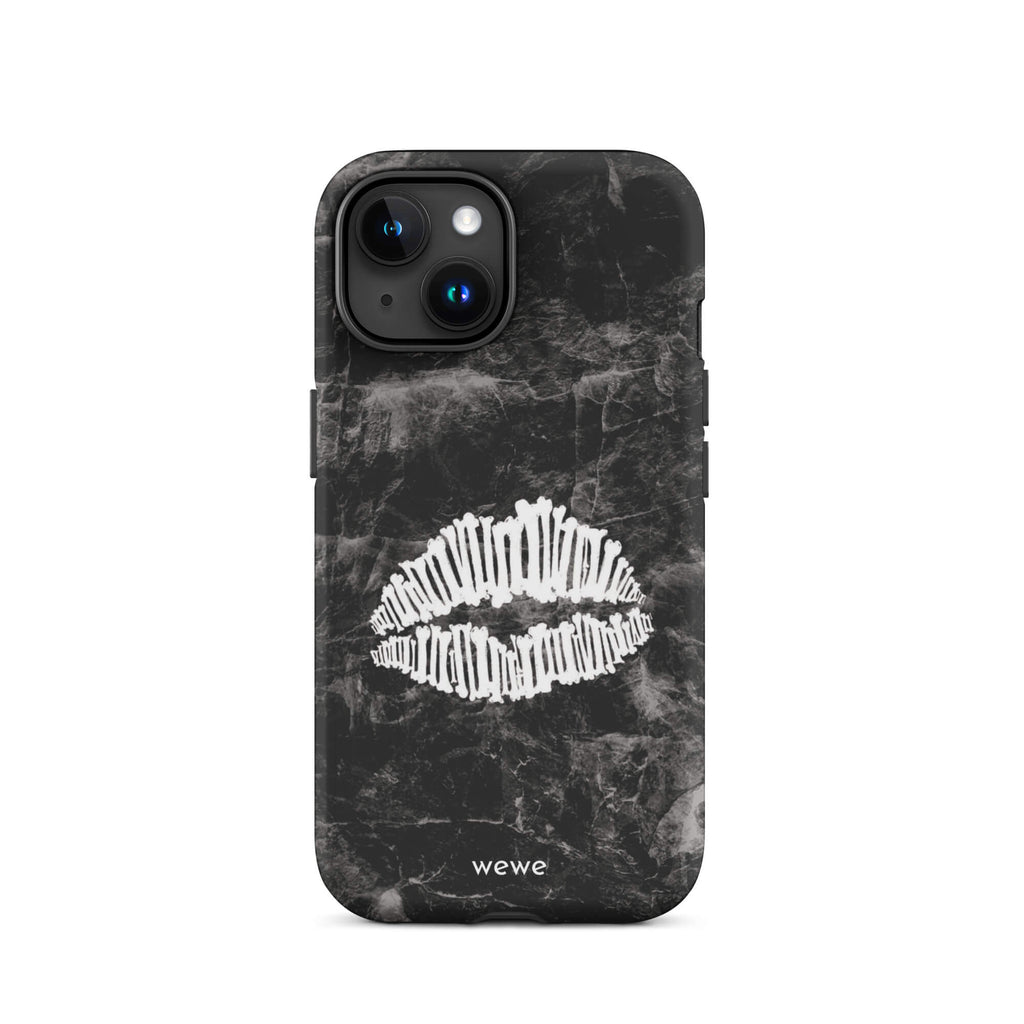 Custom iPhone case 15 with a black marble background and a white skeletal lips graphic.