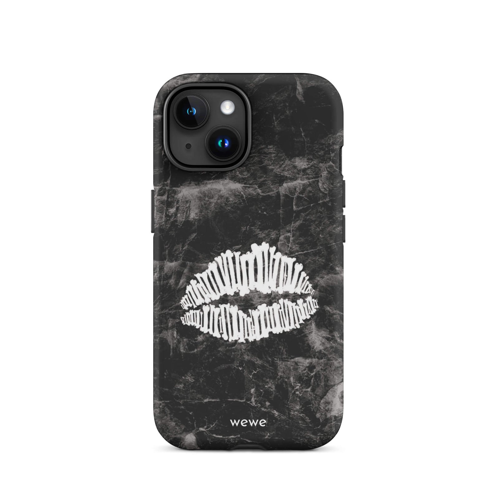 Custom iPhone case 15 with a black marble background and a white skeletal lips graphic.
