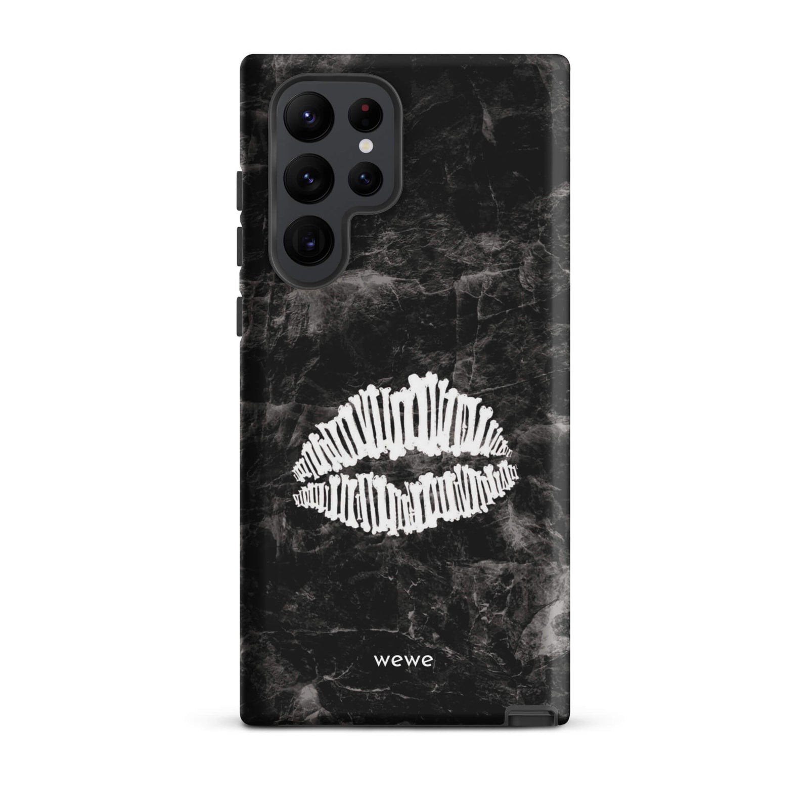 Custom samsung galaxy s22 ultra  Phone case with a black marble background and a white skeletal lips graphic.