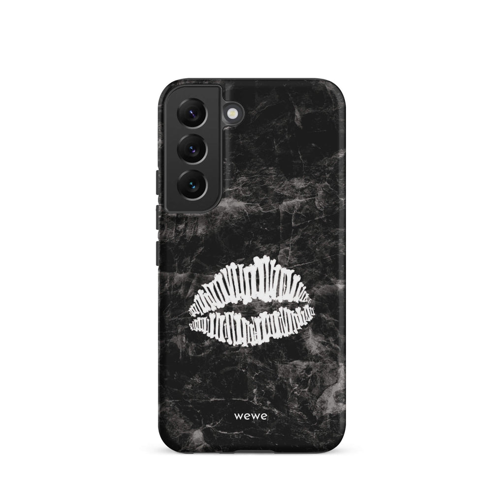 Custom samsung galaxy s22 Phone case with a black marble background and a white skeletal lips graphic.