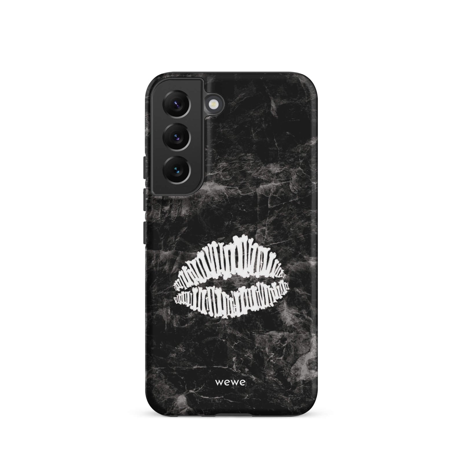 Custom samsung galaxy s22 Phone case with a black marble background and a white skeletal lips graphic.