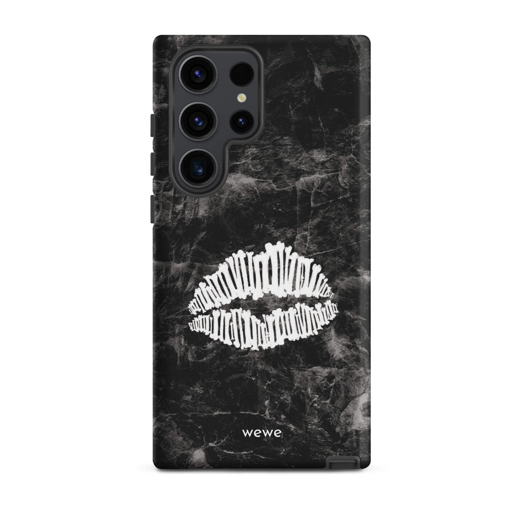 Custom samsung galaxy s23 ultra  Phone case with a black marble background and a white skeletal lips graphic.