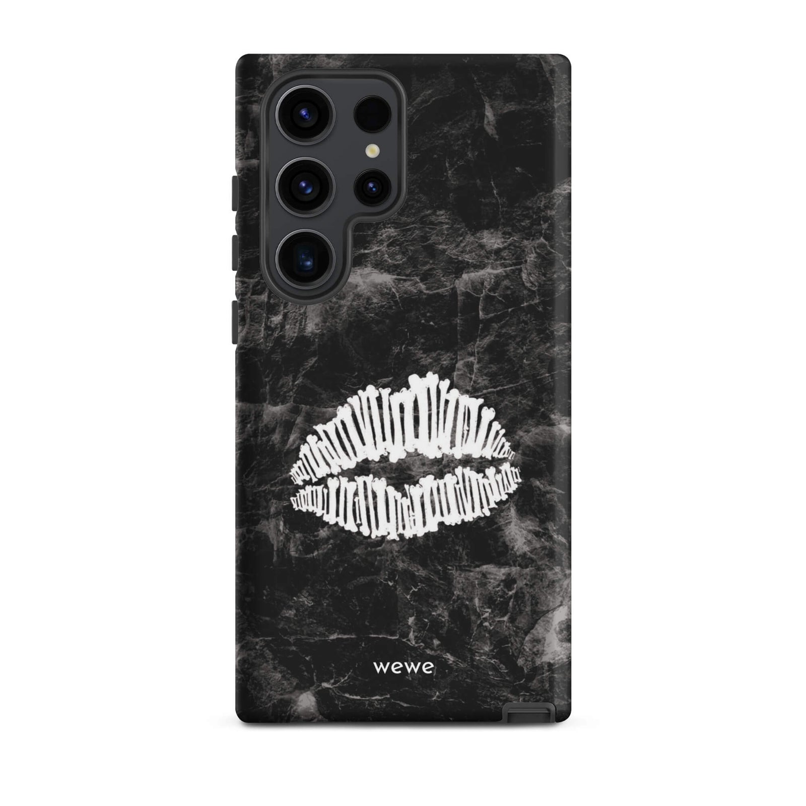 Custom samsung galaxy s23 ultra  Phone case with a black marble background and a white skeletal lips graphic.