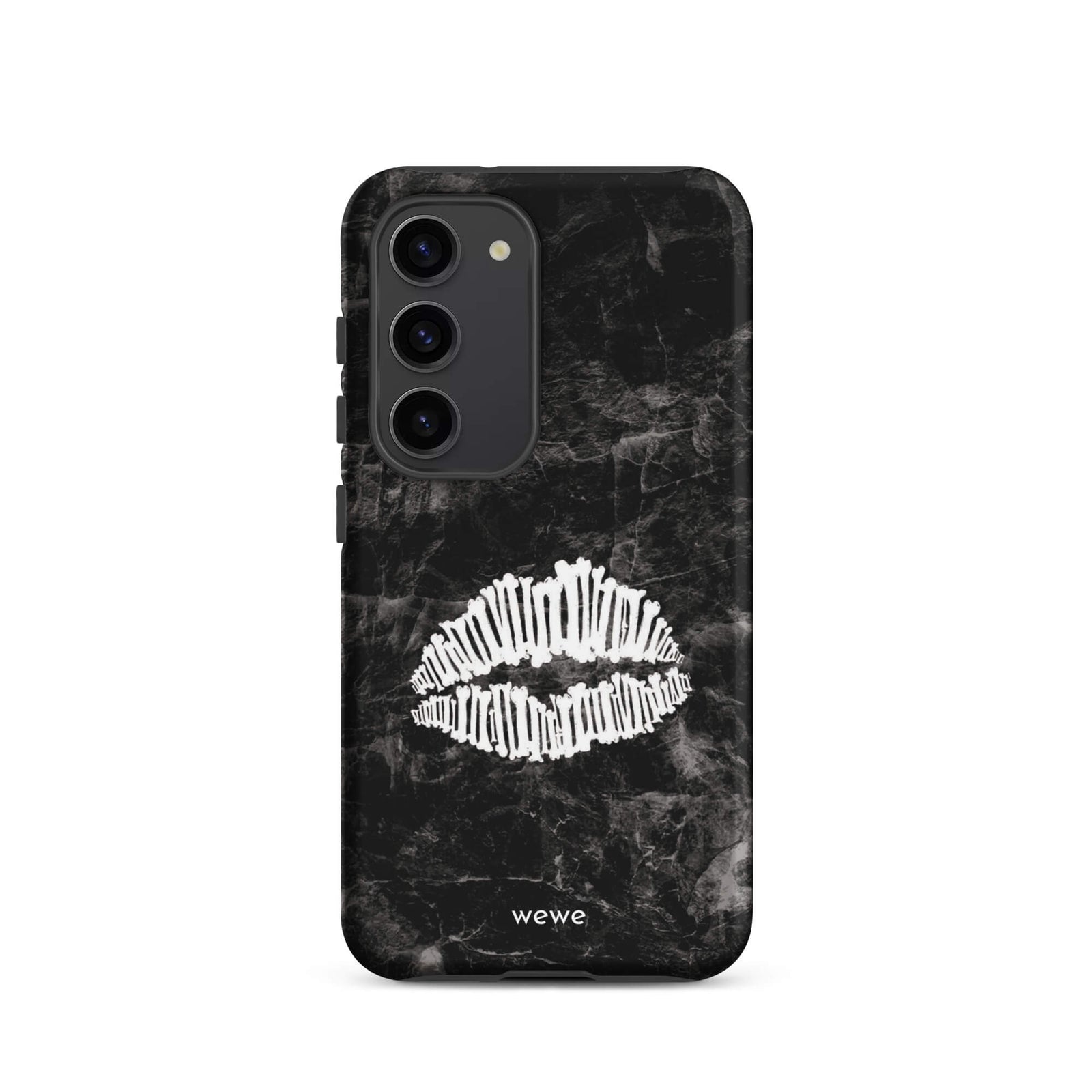 Custom samsung galaxy s23 Phone case with a black marble background and a white skeletal lips graphic.