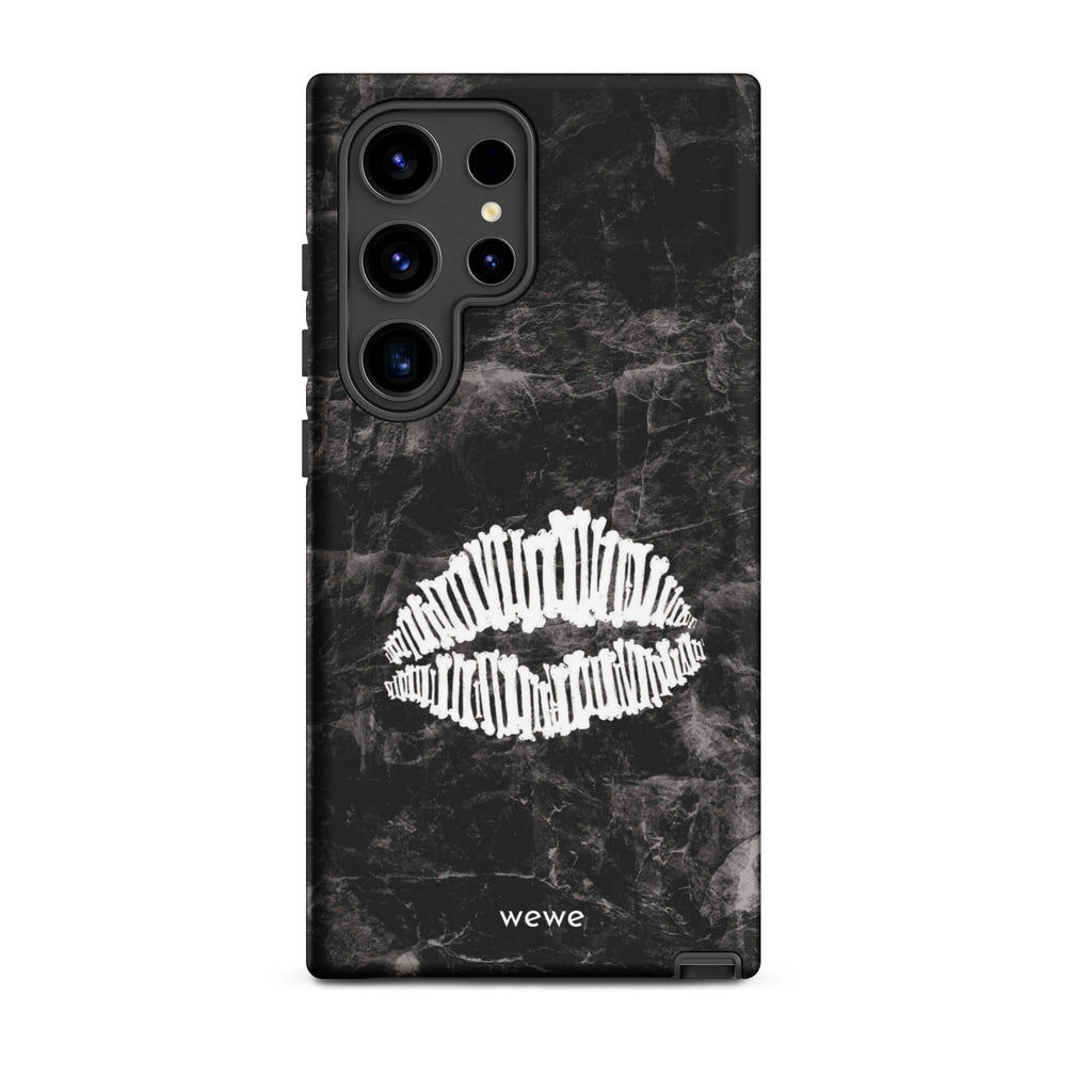 Custom samsung galaxy s24 ultra  Phone case with a black marble background and a white skeletal lips graphic.