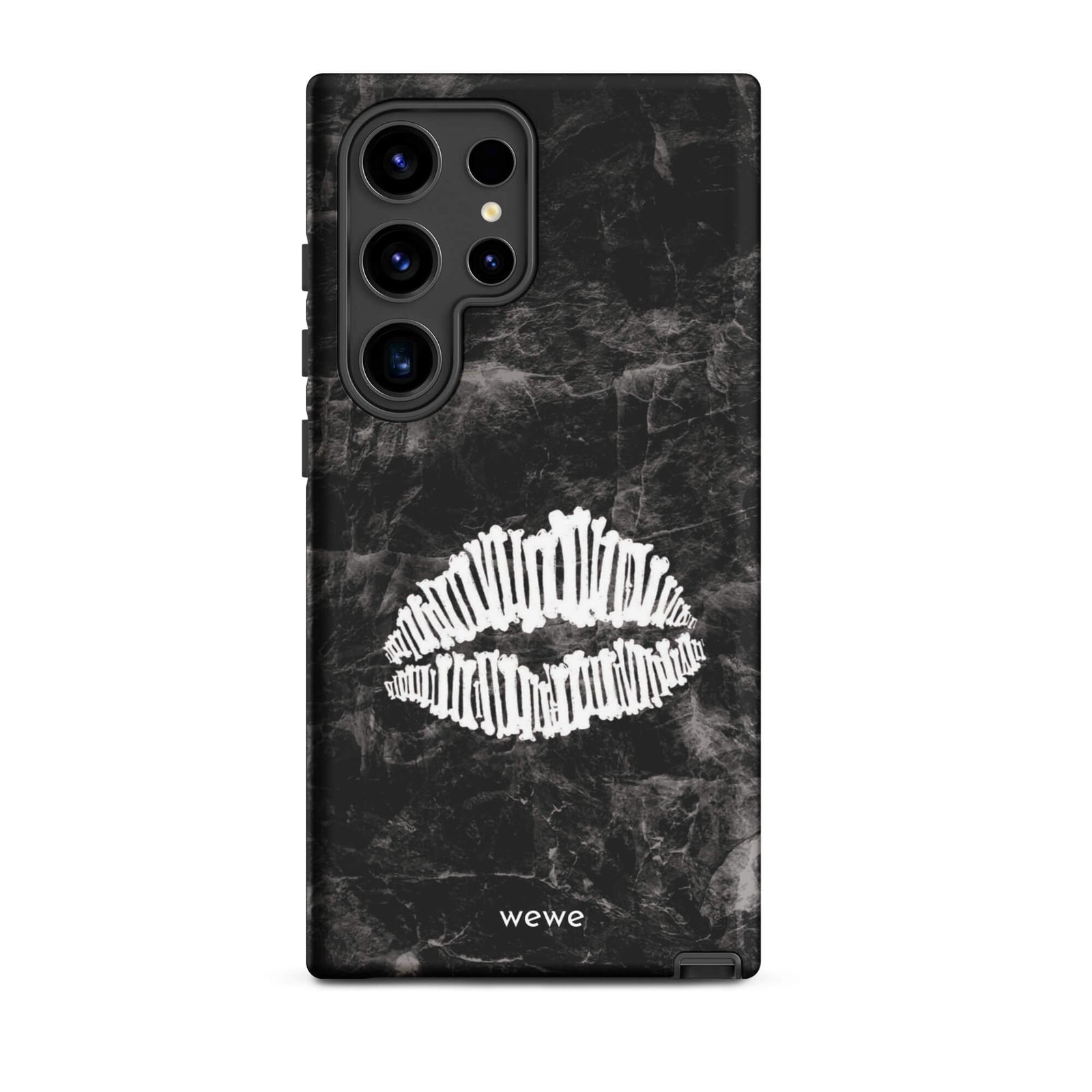 Custom samsung galaxy s24 ultra  Phone case with a black marble background and a white skeletal lips graphic.