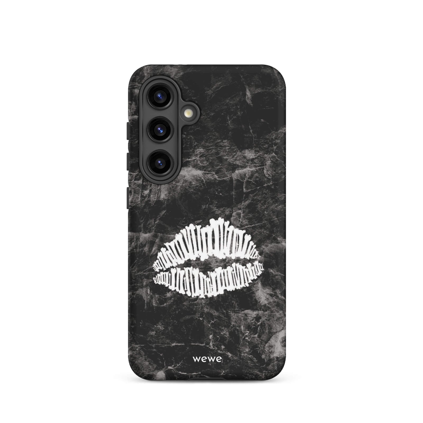 Custom samsung galaxy s24 Phone case with a black marble background and a white skeletal lips graphic.
