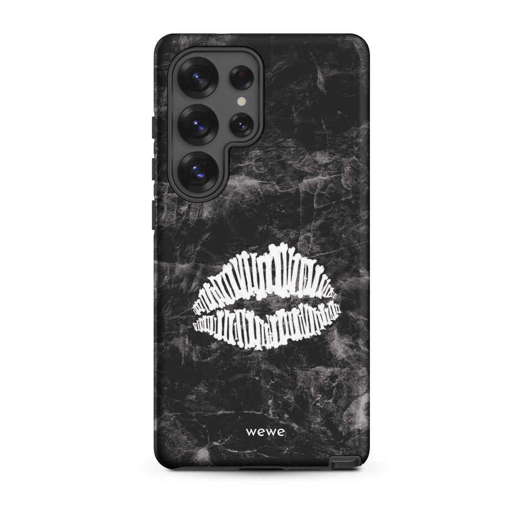 Custom samsung galaxy s25 ultra  Phone case with a black marble background and a white skeletal lips graphic.