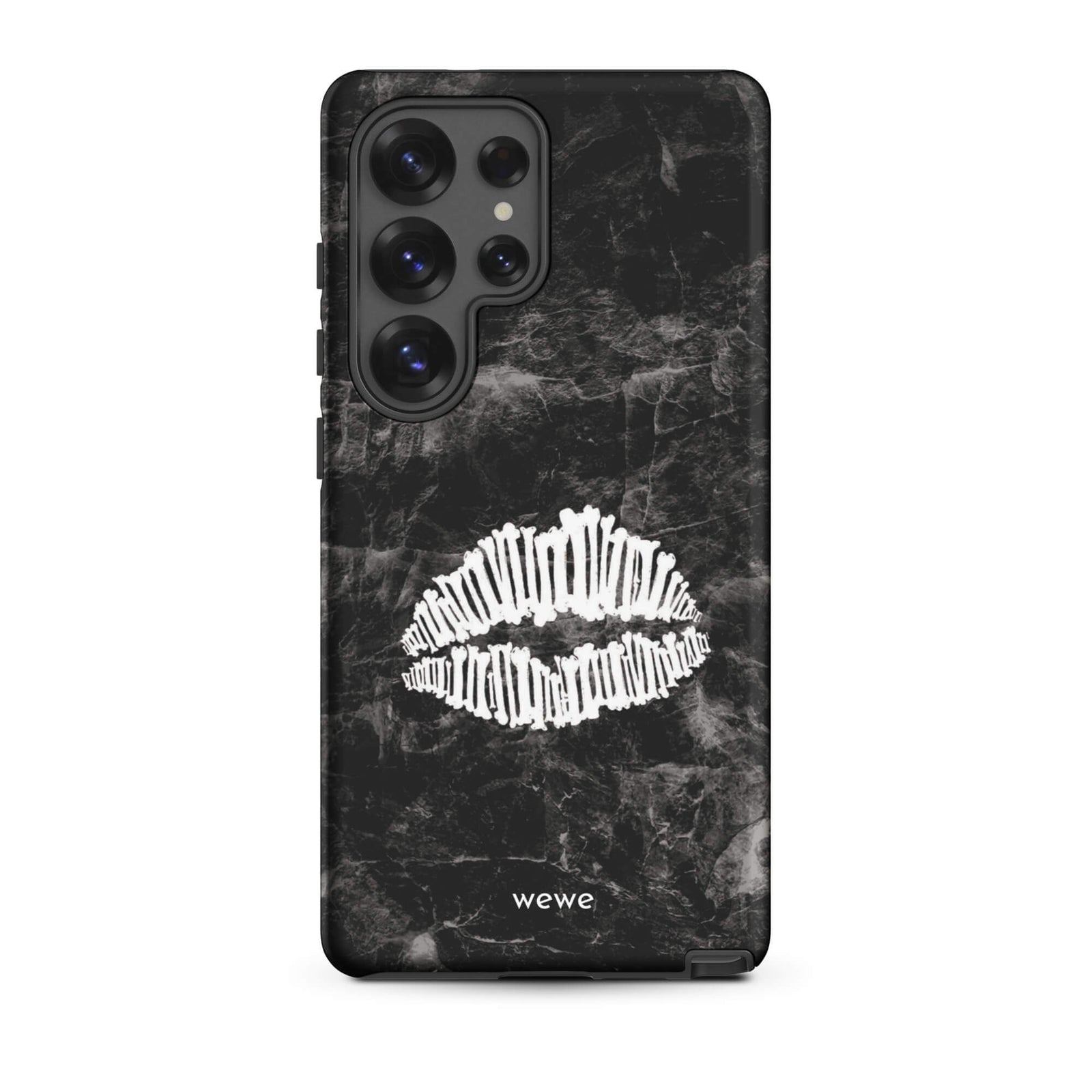Custom samsung galaxy s25 ultra  Phone case with a black marble background and a white skeletal lips graphic.