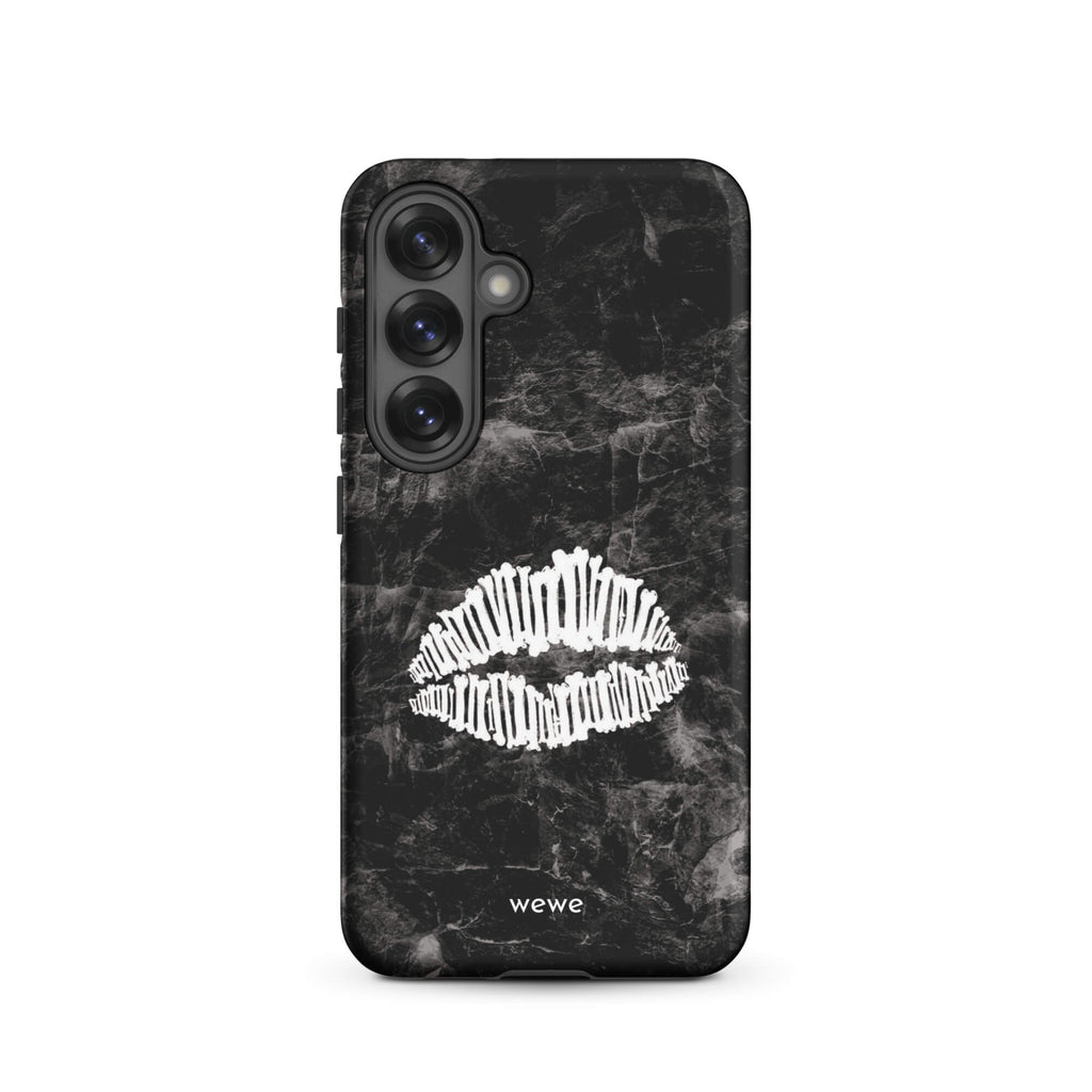Custom samsung galaxy s25 Phone case with a black marble background and a white skeletal lips graphic.