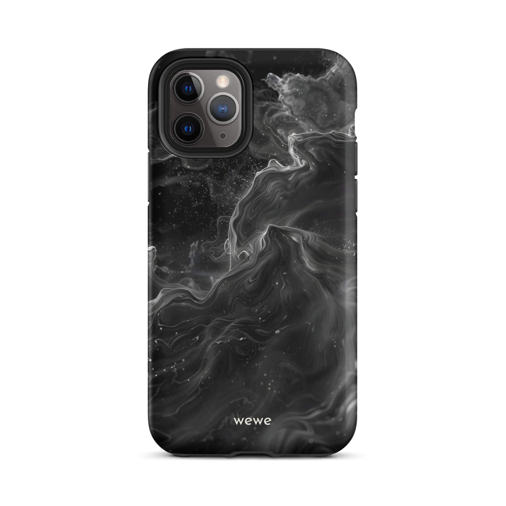 Custom iPhone case 11 pro with a dynamic, swirling black and white marble pattern.