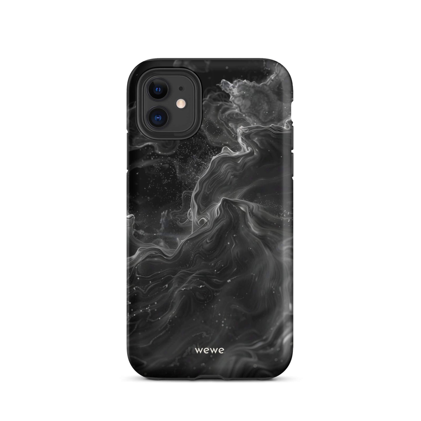 Custom iPhone case 11 with a dynamic, swirling black and white marble pattern.
