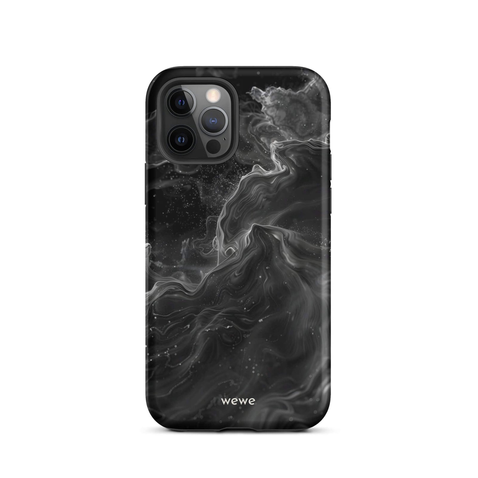 Custom iPhone case 12 pro with a dynamic, swirling black and white marble pattern.