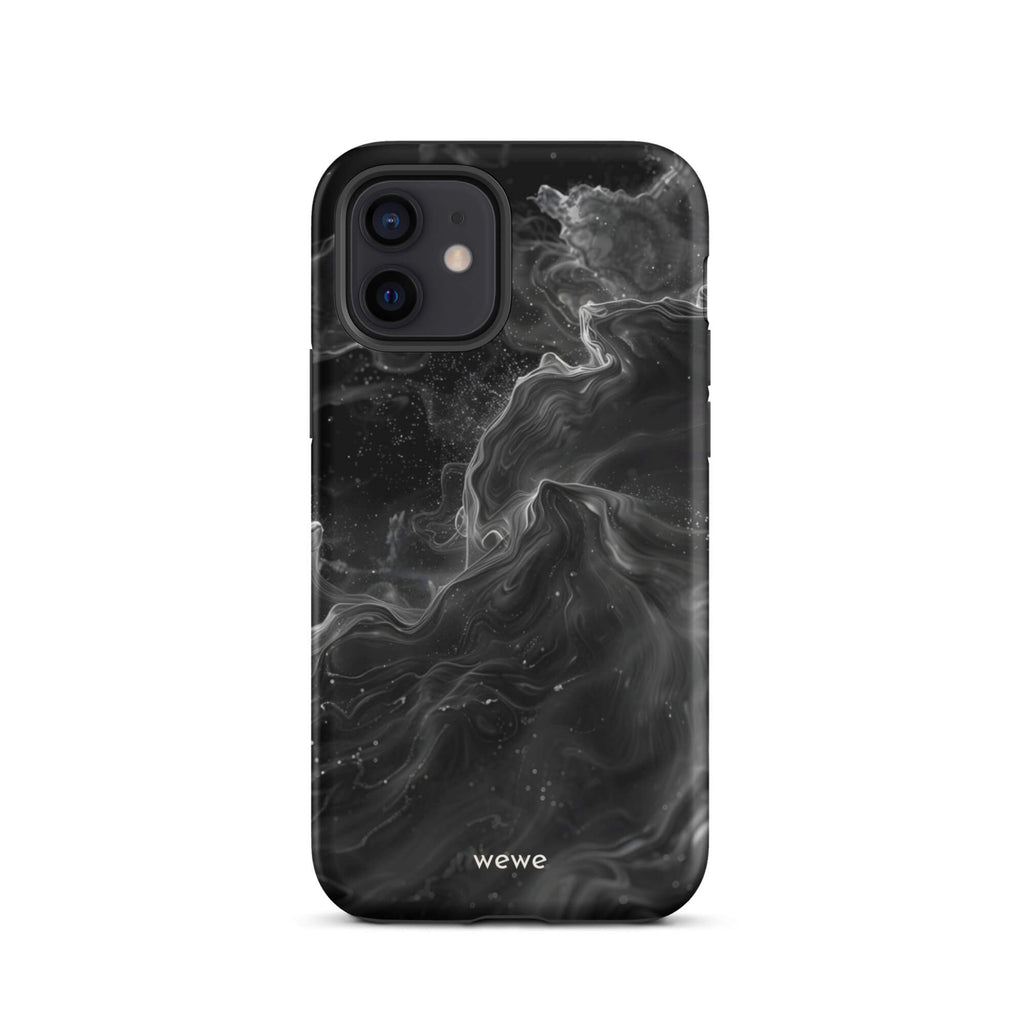 Custom iPhone case 12 with a dynamic, swirling black and white marble pattern.