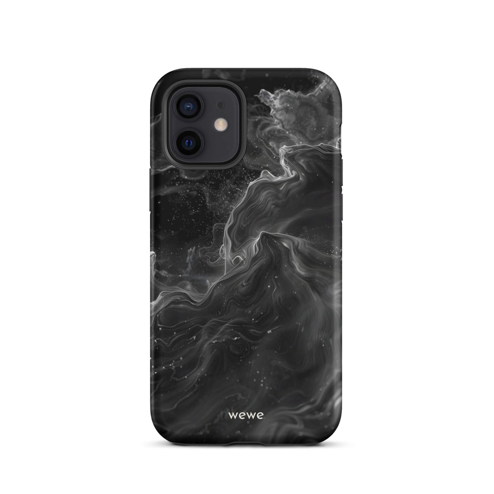 Custom iPhone case 12 with a dynamic, swirling black and white marble pattern.