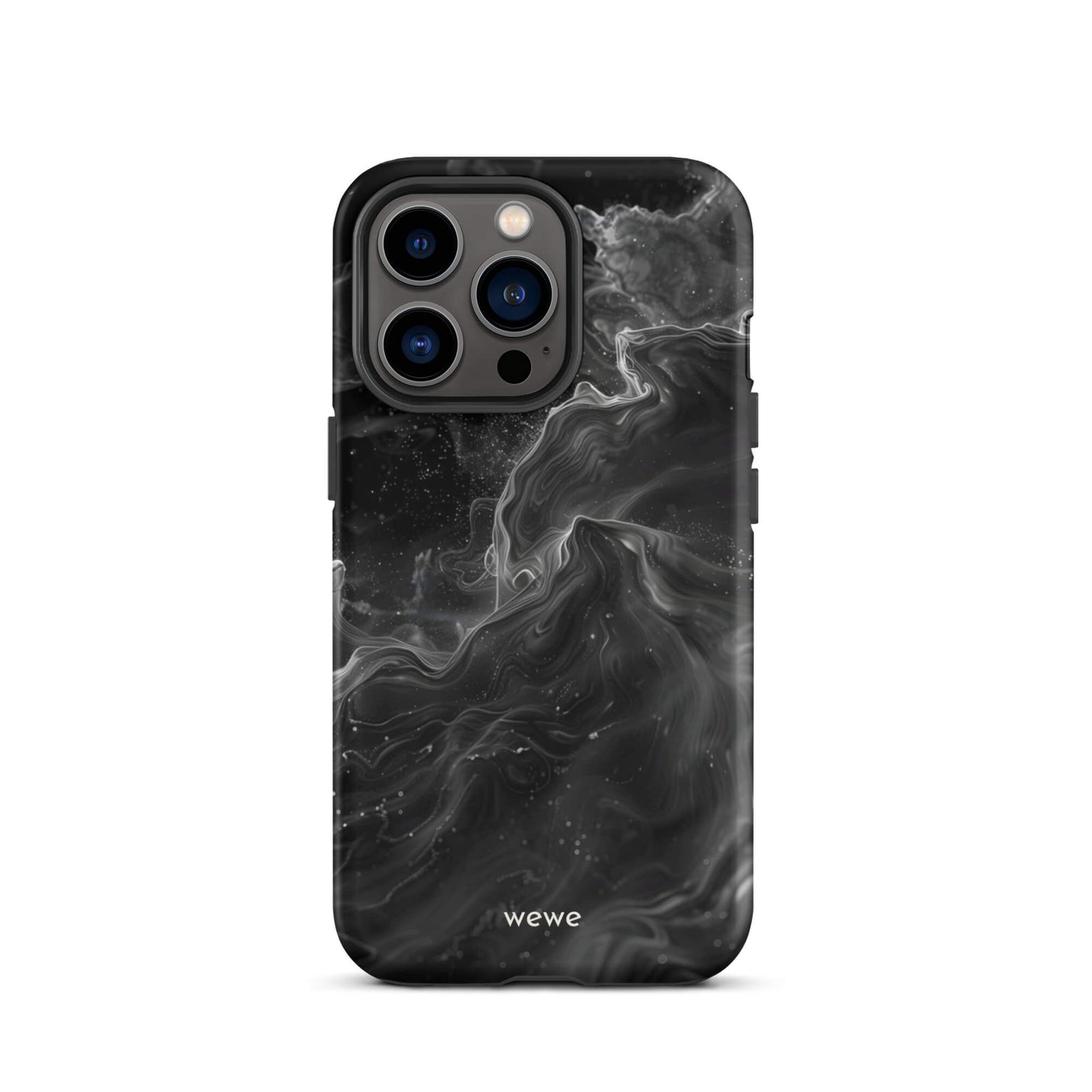 Custom iPhone case 13 pro with a dynamic, swirling black and white marble pattern.