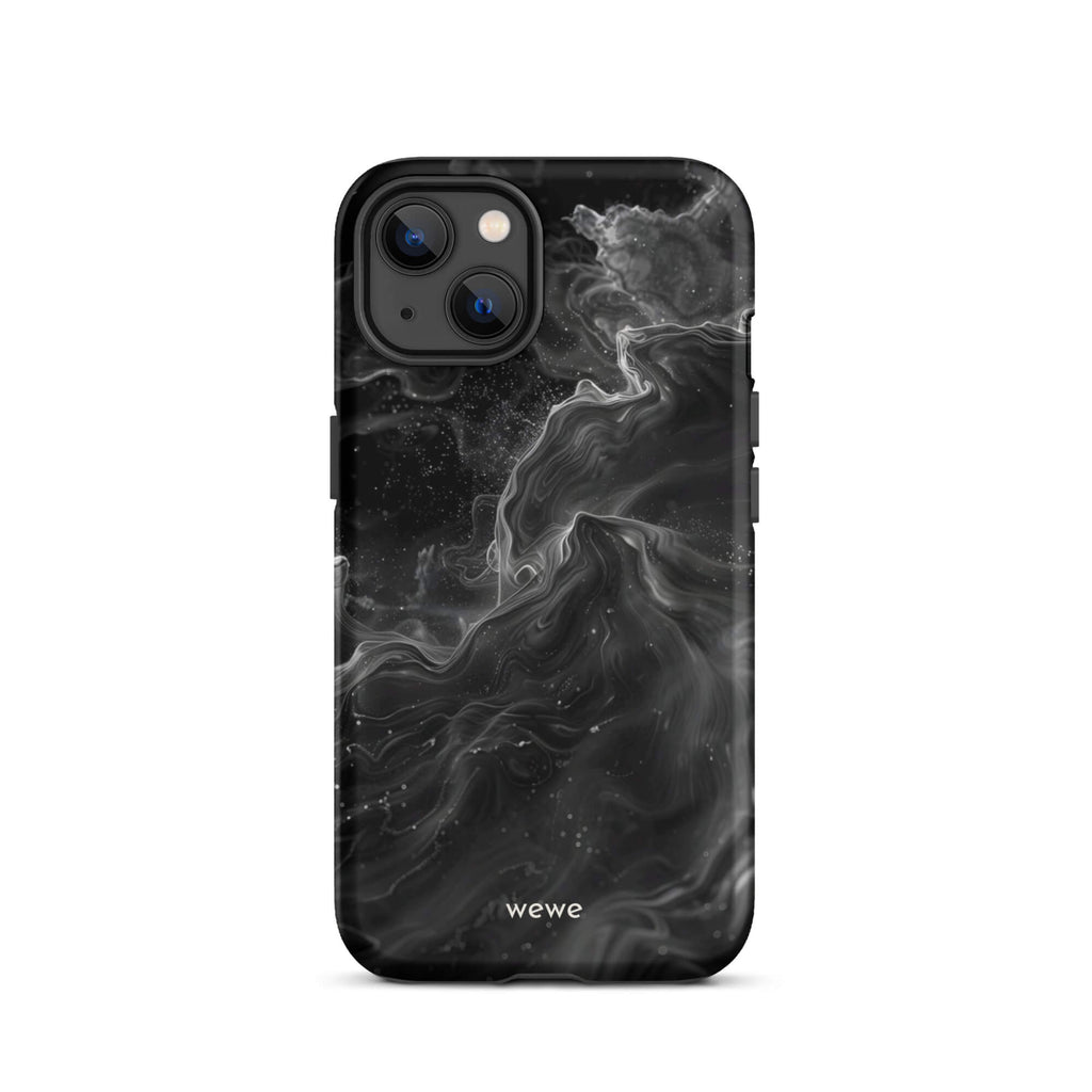 Custom iPhone case 13 with a dynamic, swirling black and white marble pattern.