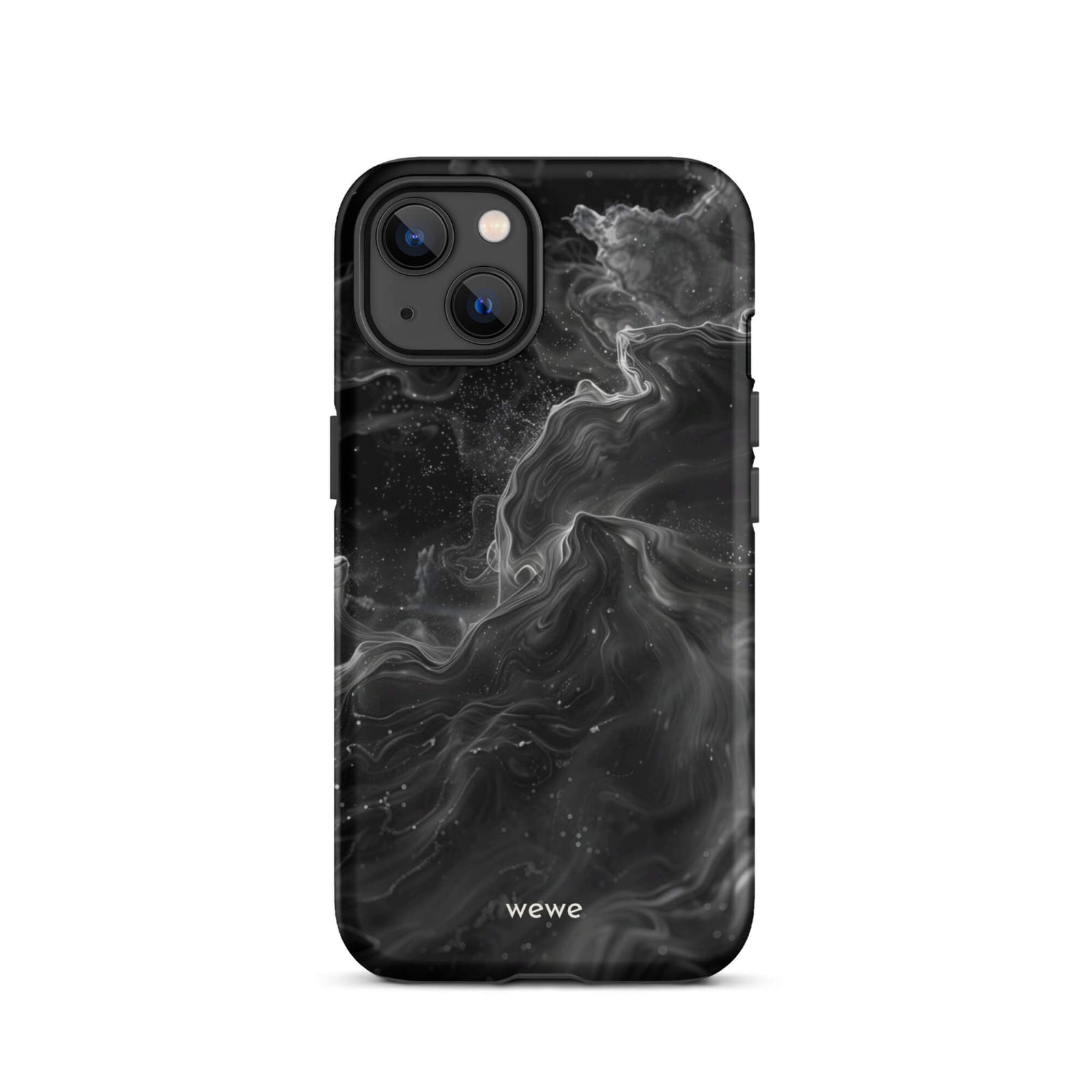 Custom iPhone case 13 with a dynamic, swirling black and white marble pattern.