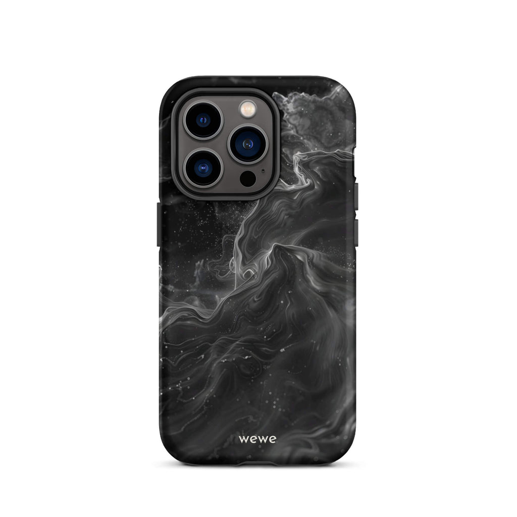Custom iPhone case 14 pro with a dynamic, swirling black and white marble pattern.