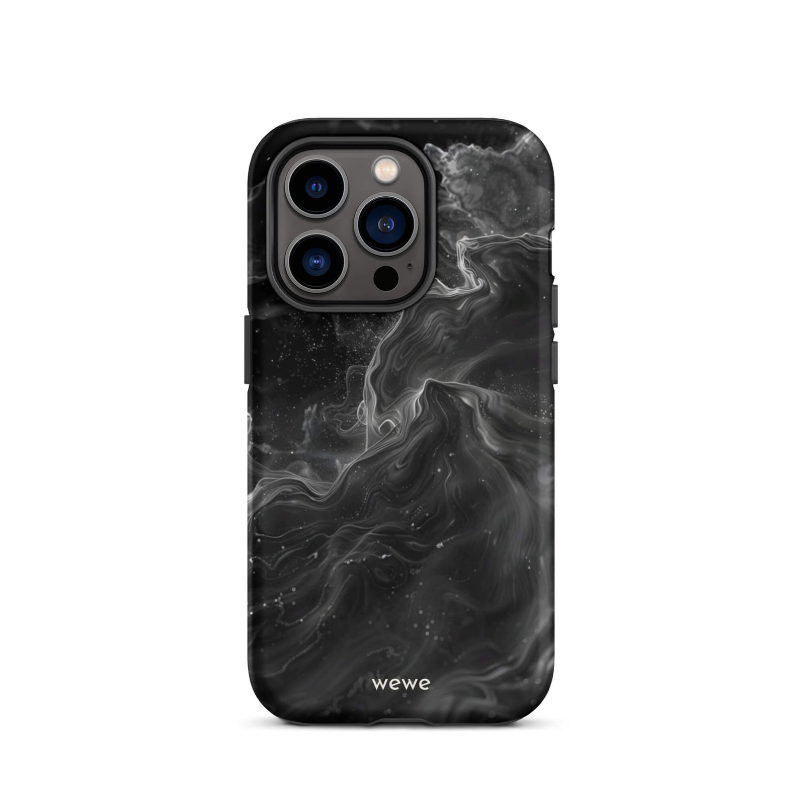 Custom iPhone case 14 pro with a dynamic, swirling black and white marble pattern.