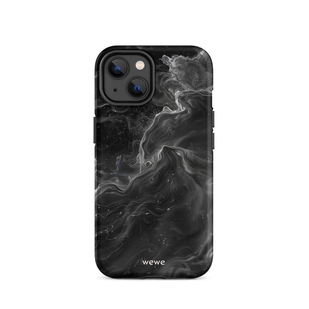 Custom iPhone case 14 with a dynamic, swirling black and white marble pattern.