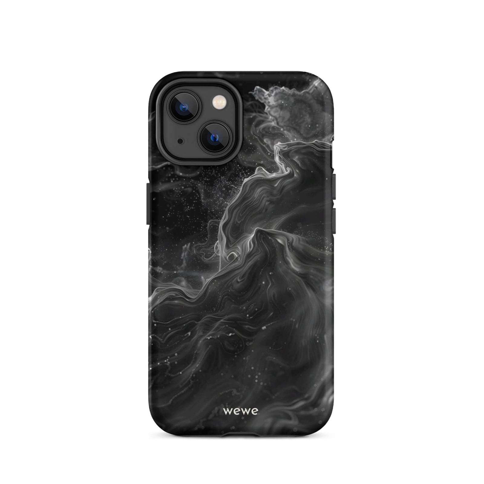 Custom iPhone case 14 with a dynamic, swirling black and white marble pattern.