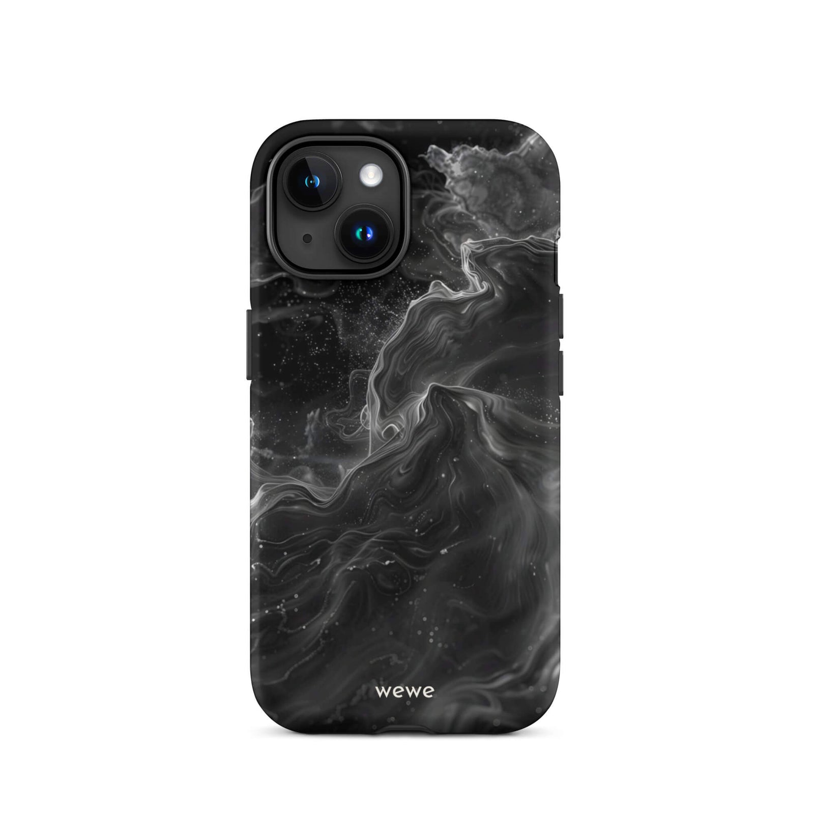Custom iPhone case 15 with a dynamic, swirling black and white marble pattern.