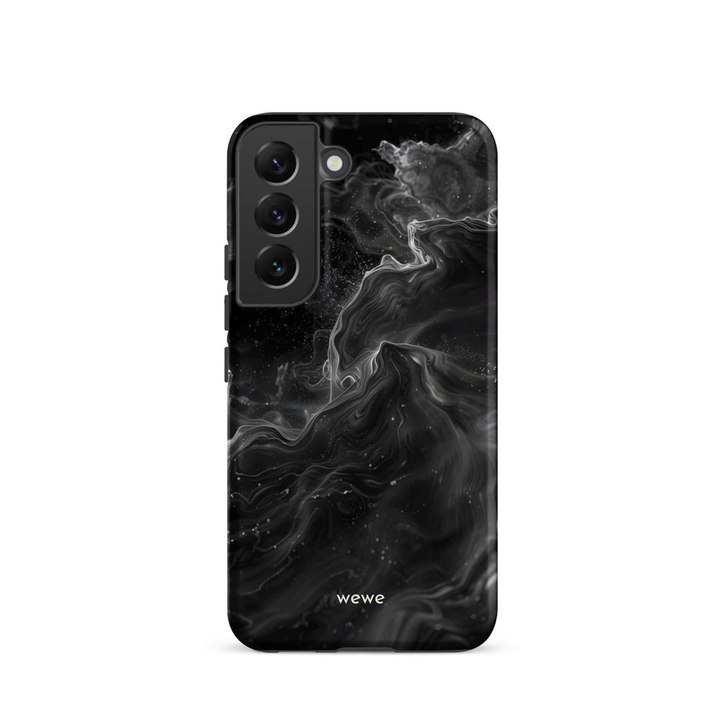 Custom samsung galaxy s22 Phone case with a dynamic, swirling black and white marble pattern.