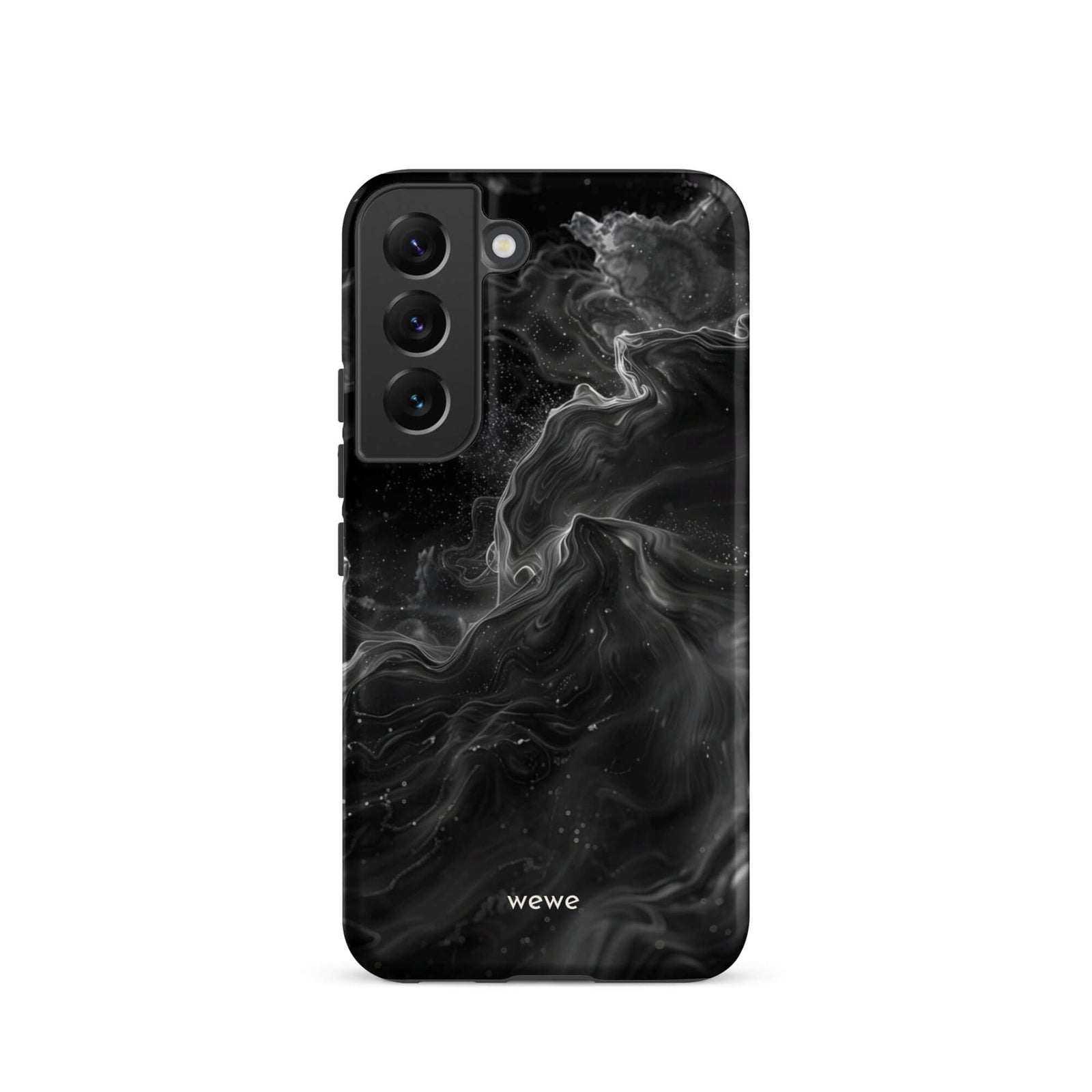 Custom samsung galaxy s22 Phone case with a dynamic, swirling black and white marble pattern.