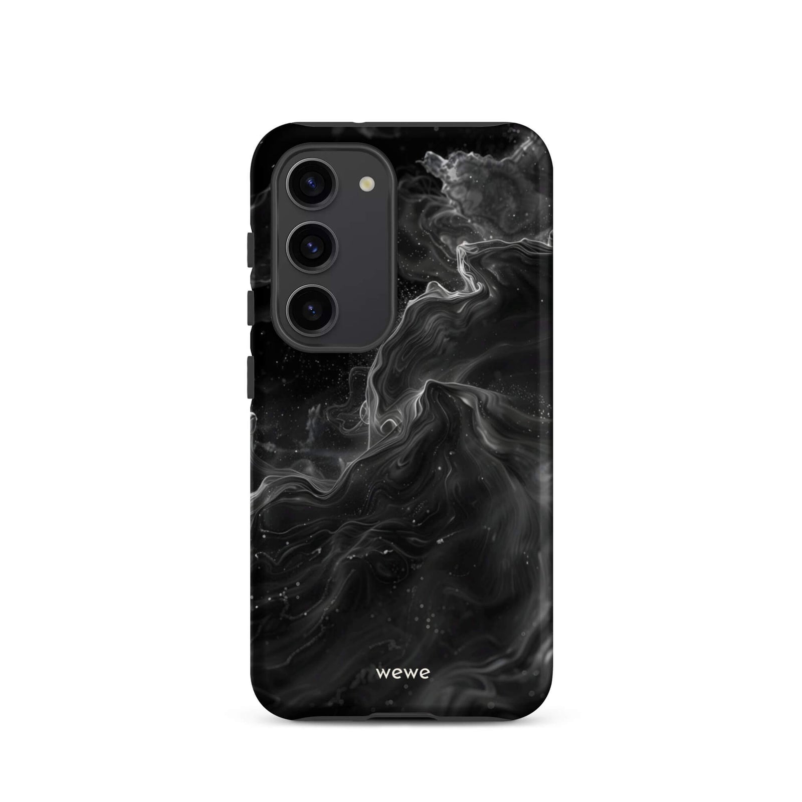 Custom samsung galaxy s23 Phone case with a dynamic, swirling black and white marble pattern.