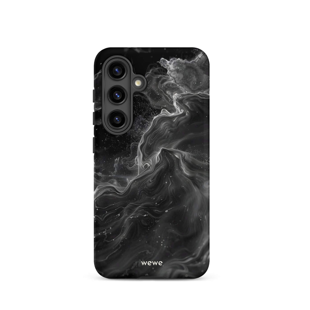 Custom samsung galaxy s24 Phone case with a dynamic, swirling black and white marble pattern.