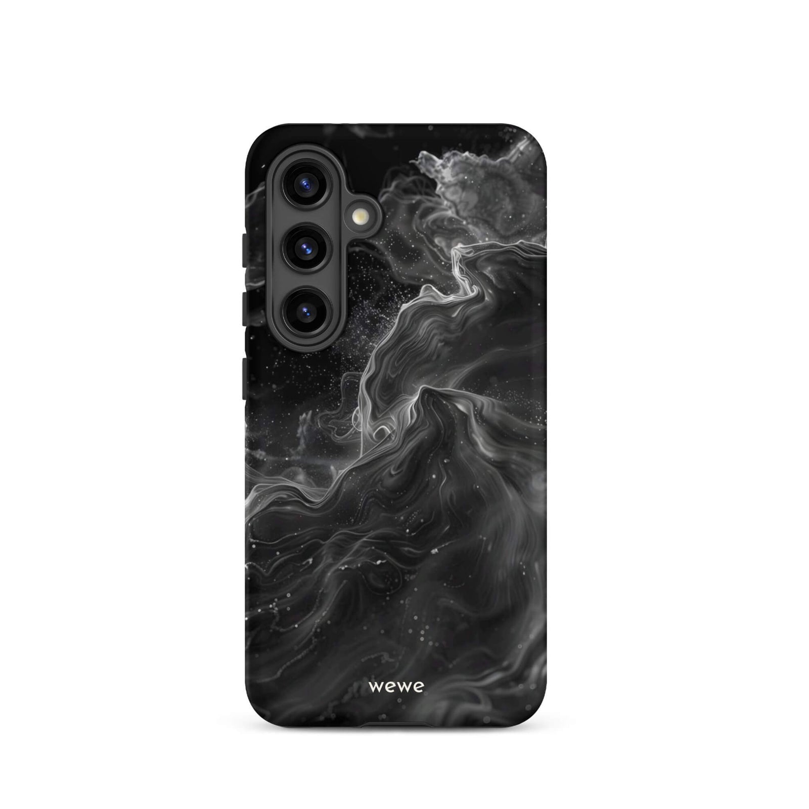 Custom samsung galaxy s24 Phone case with a dynamic, swirling black and white marble pattern.