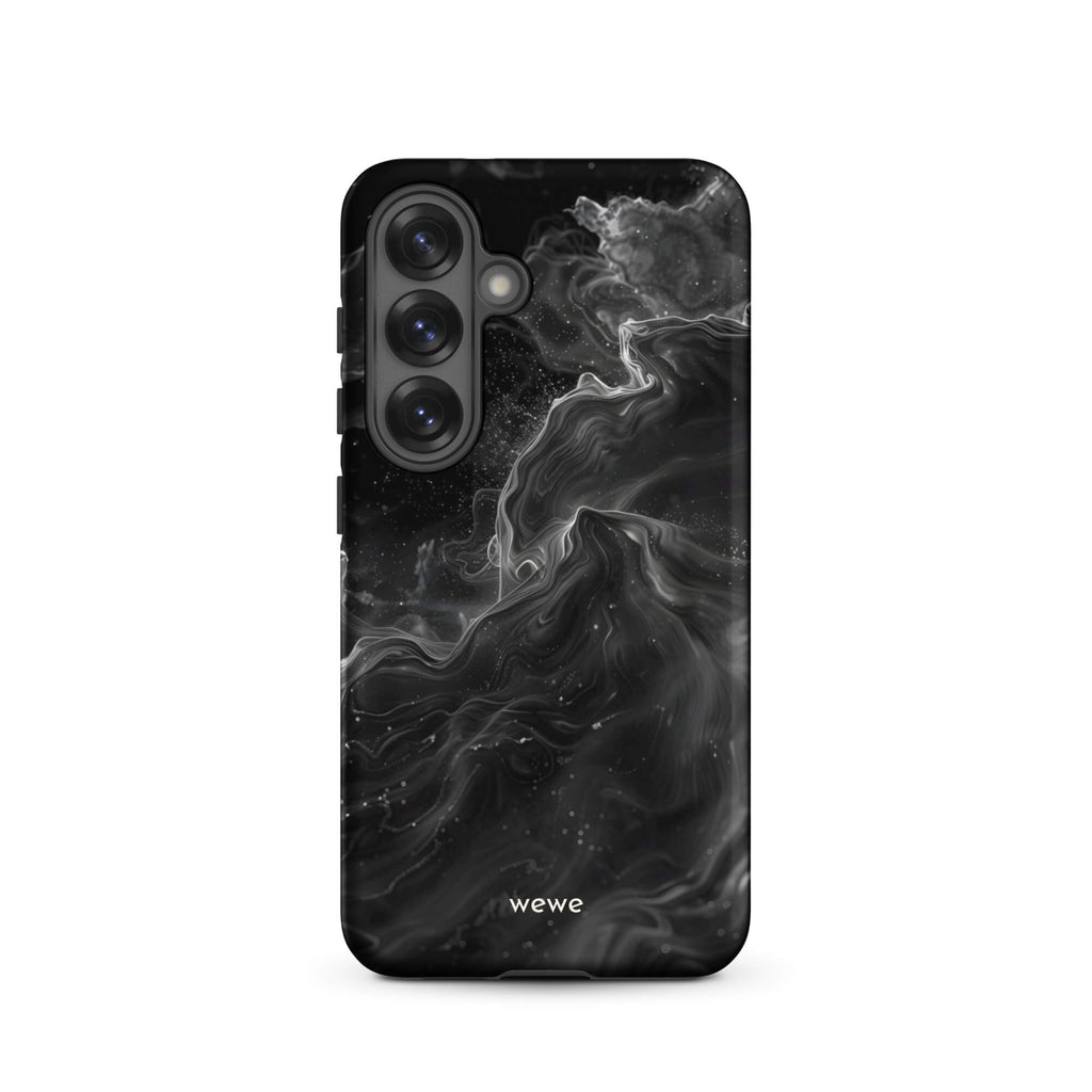 Custom samsung galaxy s25 Phone case with a dynamic, swirling black and white marble pattern.